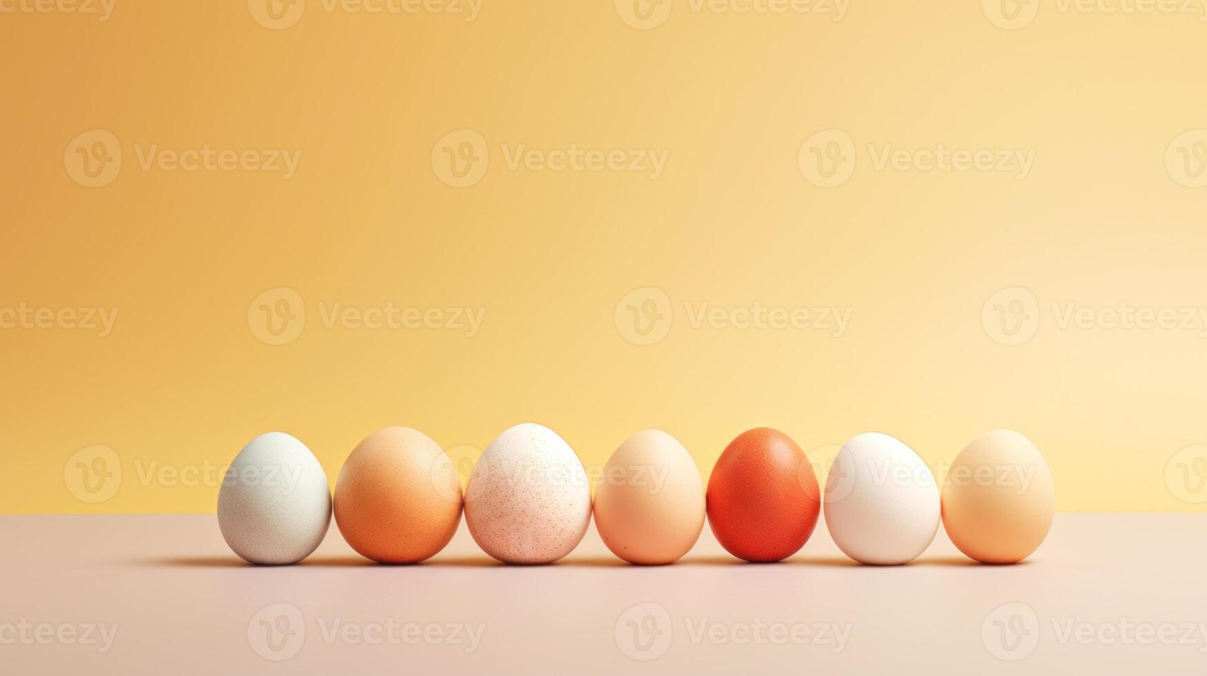 AI generated Easter painted colorful eggs in row on yellow gradient background. Banner with copy space. Ideal for Easter promotions, spring events, holiday greetings, advertisements, festive content. photo