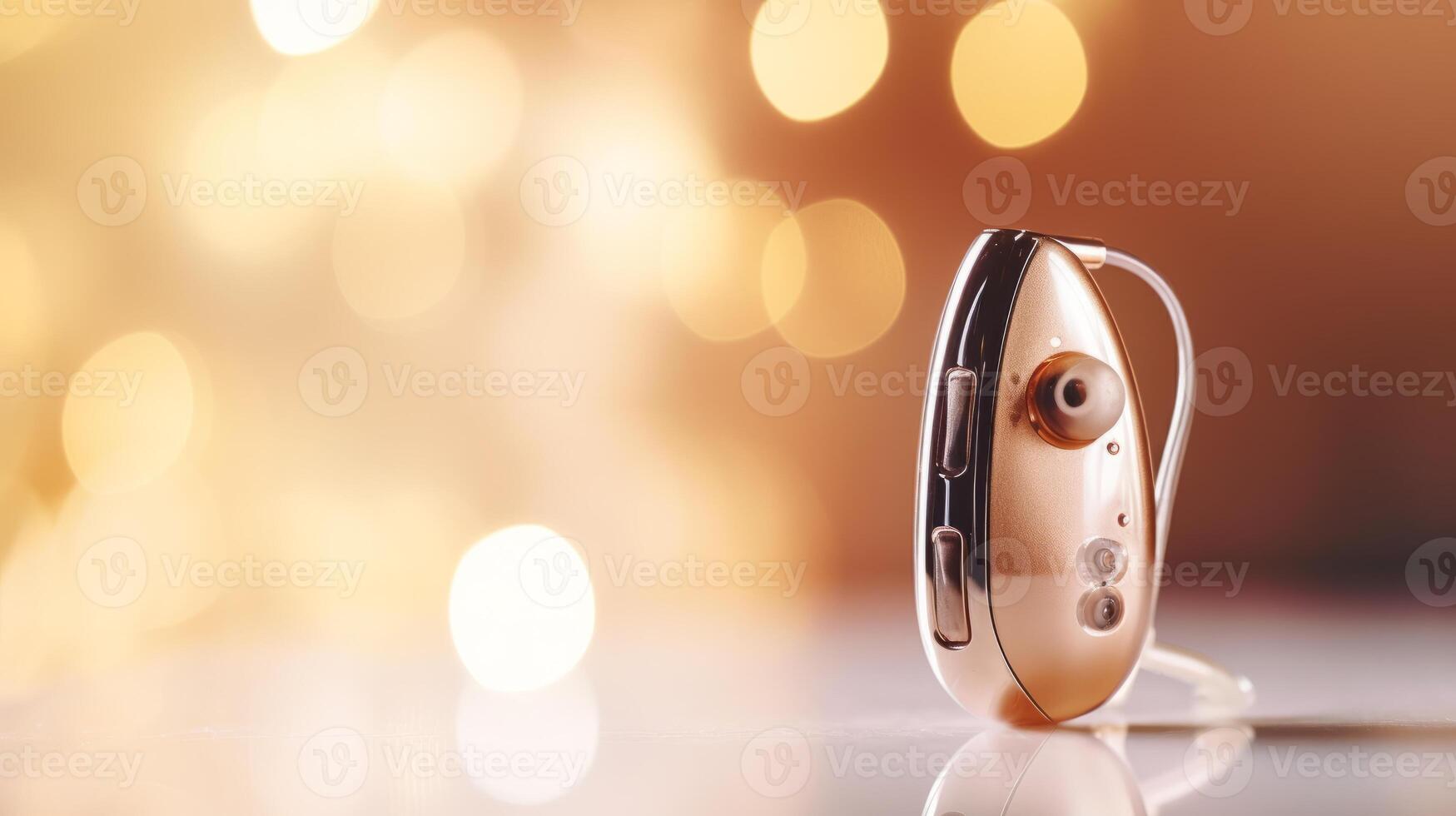 AI generated Close up of modern hearing aid on blurred background and bokeh lights. Treatment of people with hearing loss. Banner with copy space. Ideal for showcasing in medical and healthcare photo