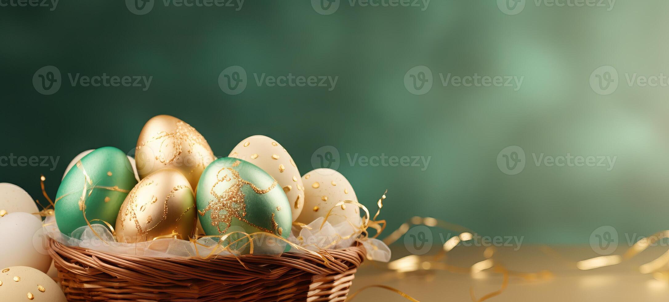 AI generated Gold and Teal Easter eggs in basket, set before rich green background. Banner with copy space. For refined Easter event promotions and high end springtime decor, symbolizing affluence photo