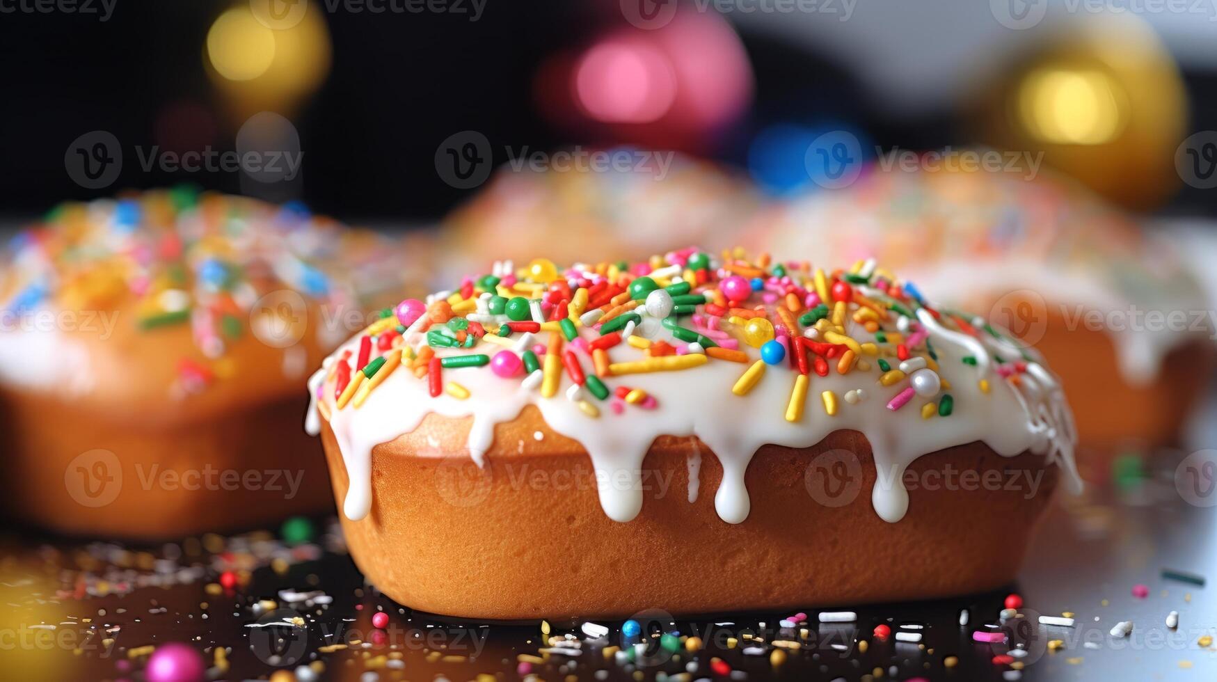 AI generated Kuliches, traditional Ukrainian Easter bread, adorned with white glaze and colorful sprinkles, on blurred festive background. Festive Easter cupcakes. Ideal for culinary blogs, celebratio photo
