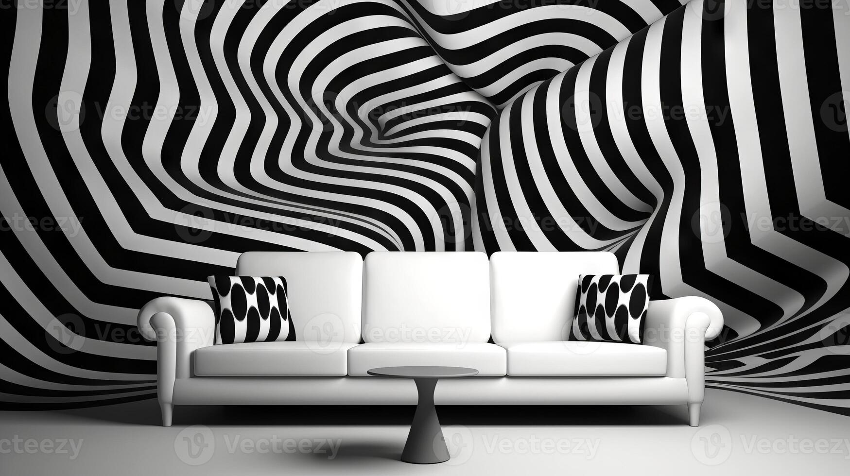 AI generated Minimalist sofa in front of a bold, vortex-like striped wall. Optical illusion in the interior. Perfect for use in contemporary style guides and visual art discussions. photo