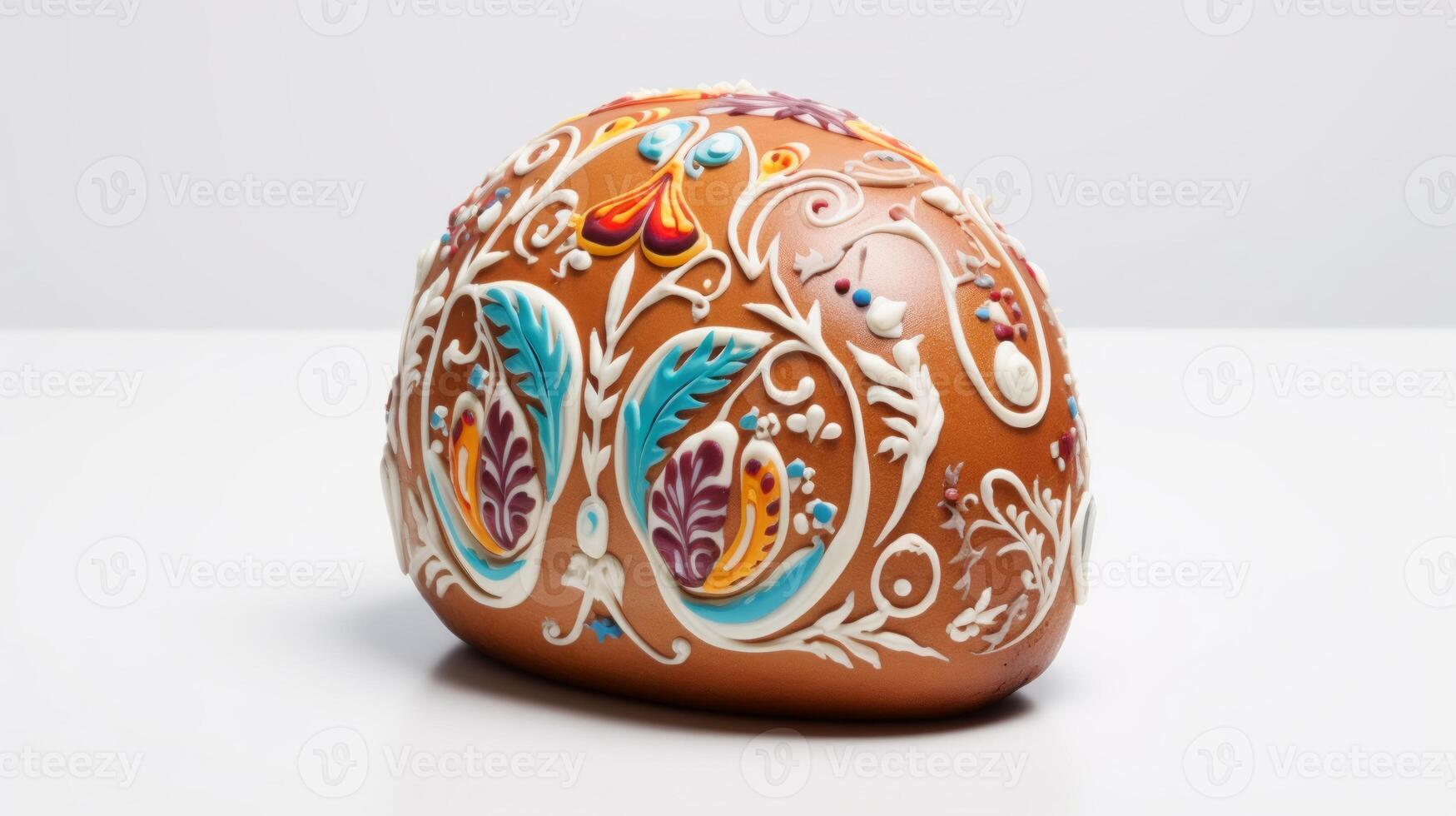 AI generated Ornate Russian Easter cake with intricate white icing patterns, set against a white background. Ideal for Easter holiday content, bakery brochures, and cultural event posters. photo