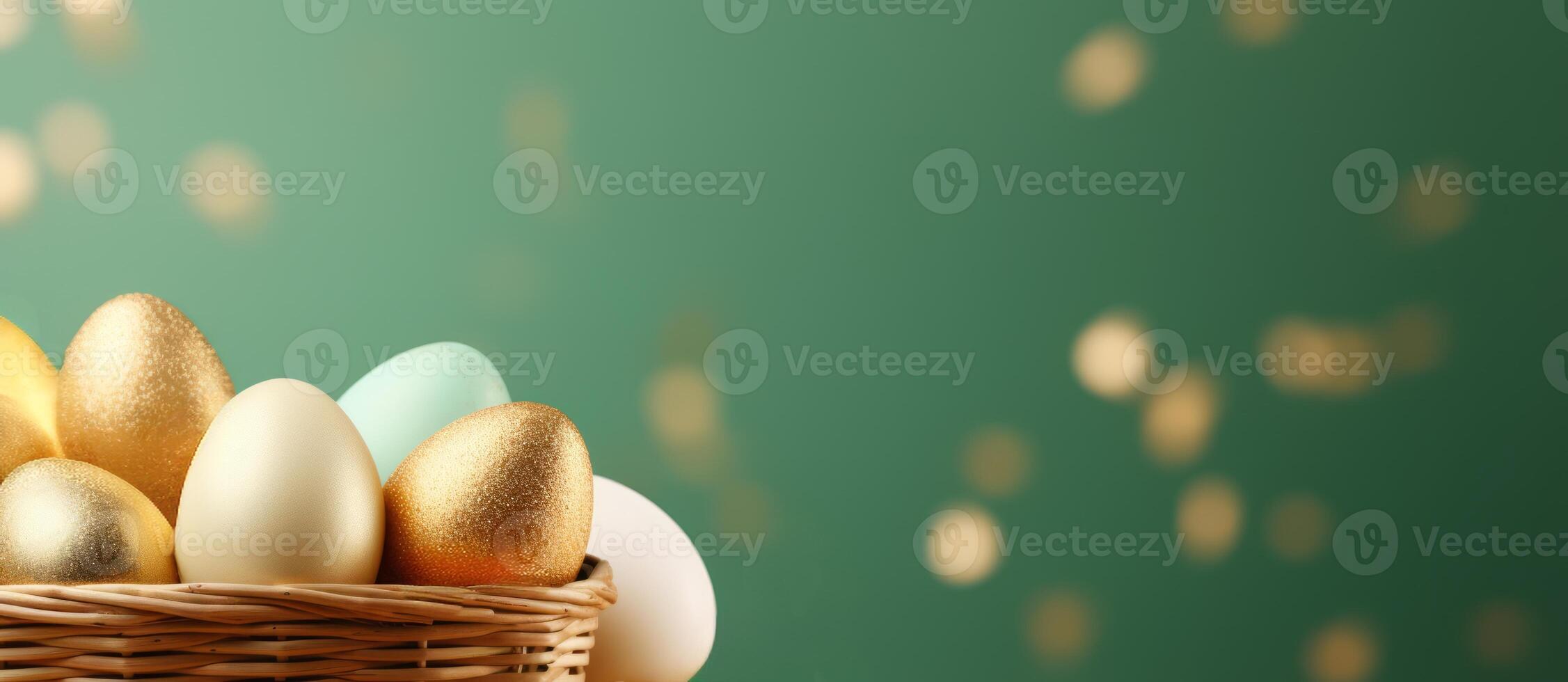 AI generated Golden and white Easter eggs in wicker basket on green background. Banner with copy space. Perfect for elegant Easter themes and holiday marketing, highlighting luxury and tradition. photo