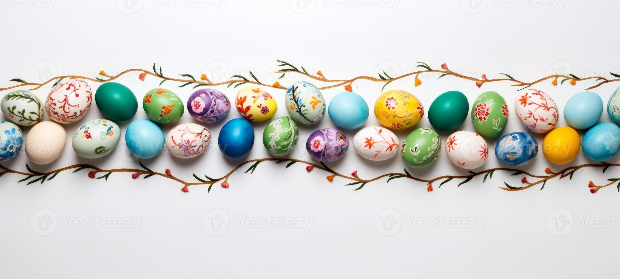 AI generated A variety of hand-painted Easter eggs lie in a row, decorated with intricate patterns and vivid colors. On white background. With copy space. Ideal for seasonal advertising photo