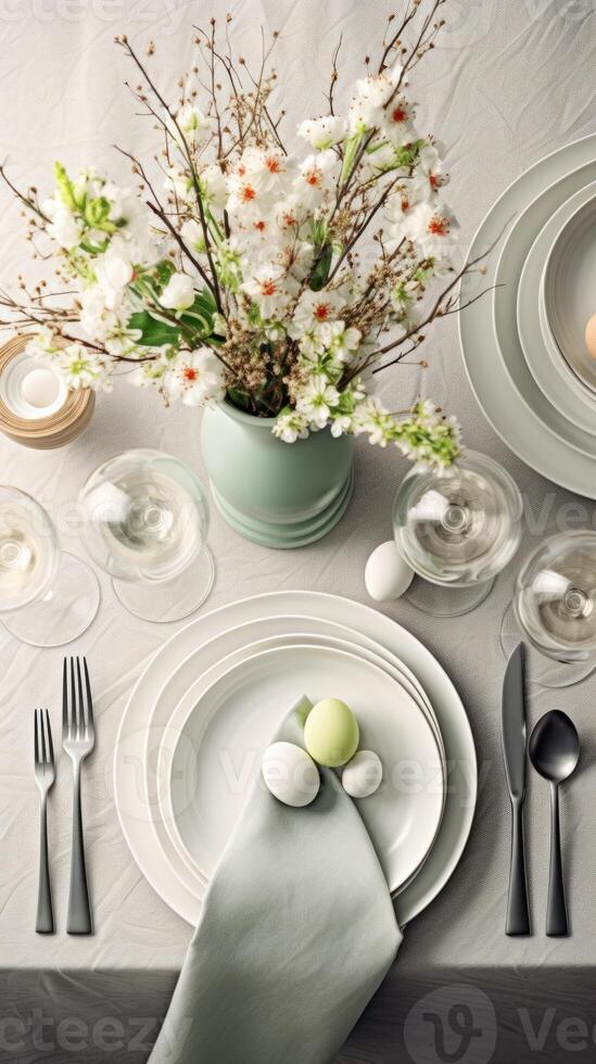 AI generated Top view of Easter dining table setting with plates, pastel eggs, flowers. Green and white colors. Ideal for lifestyle content and magazine spreads focused on seasonal celebrations photo