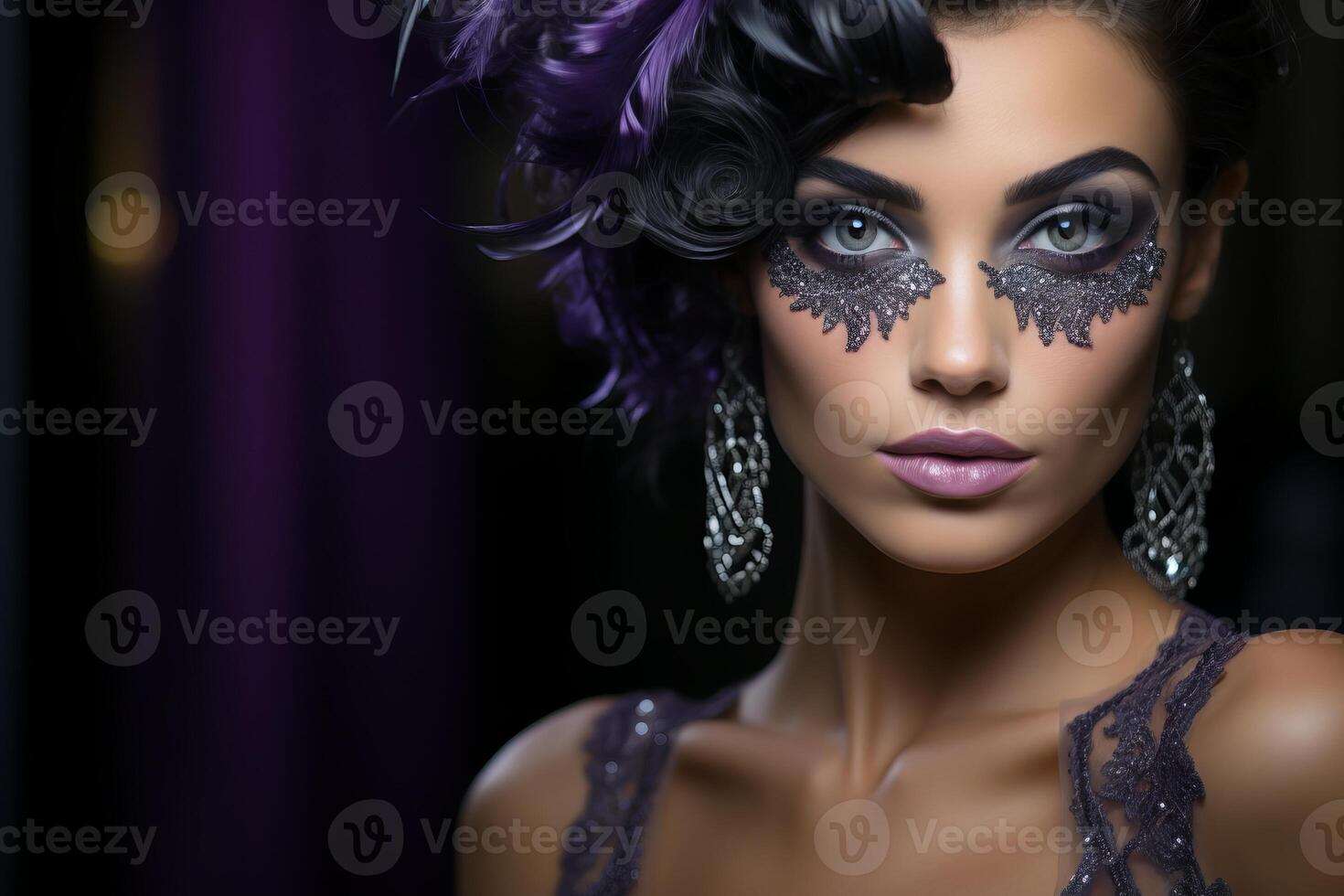AI generated Young glamorous brunette with bright makeup in a masquerade mask and purple sequin dress on a dark background. Ideal for fashion, event promotions, or luxury content photo