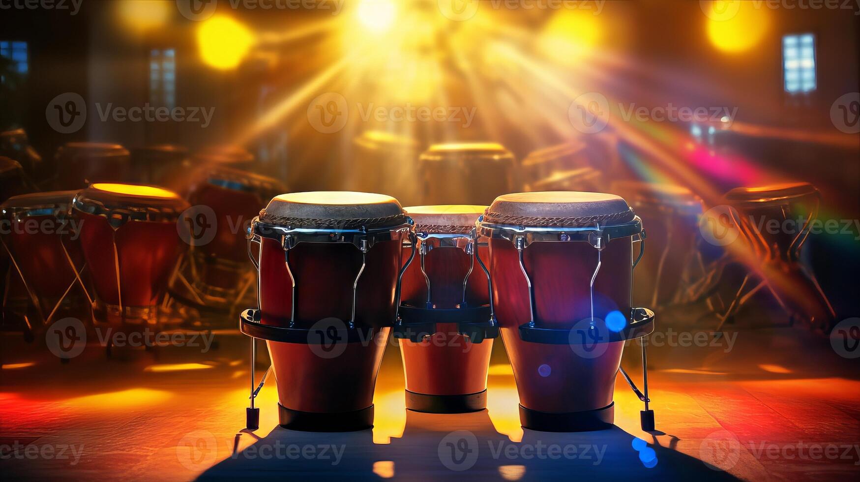 AI generated Set of conga drums on a stage with dramatic backlighting. Perfect for music event posters or studio promotion. Traditional percussion musical instrument of Afro-Cuban. Bright performance. photo