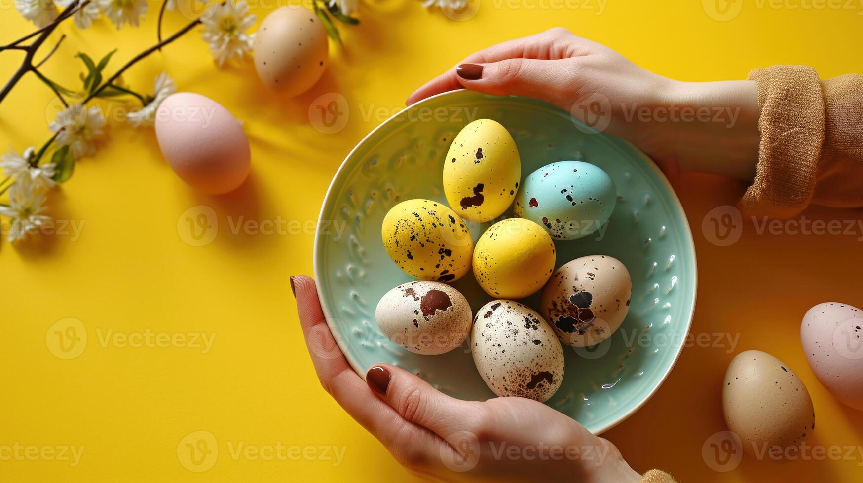 AI generated Colorful assortment of Easter eggs in blue-green dish, cradled by hands with bright yellow floral backdrop. Top view. Perfect for holiday-themed advertisements, DIY tutorials, or festive photo