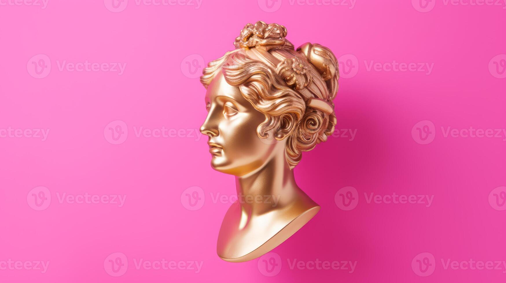 AI generated Gold antique statue of a female head on a pink solid background, perfect for use in artistic or abstract visual content. With copy space. photo