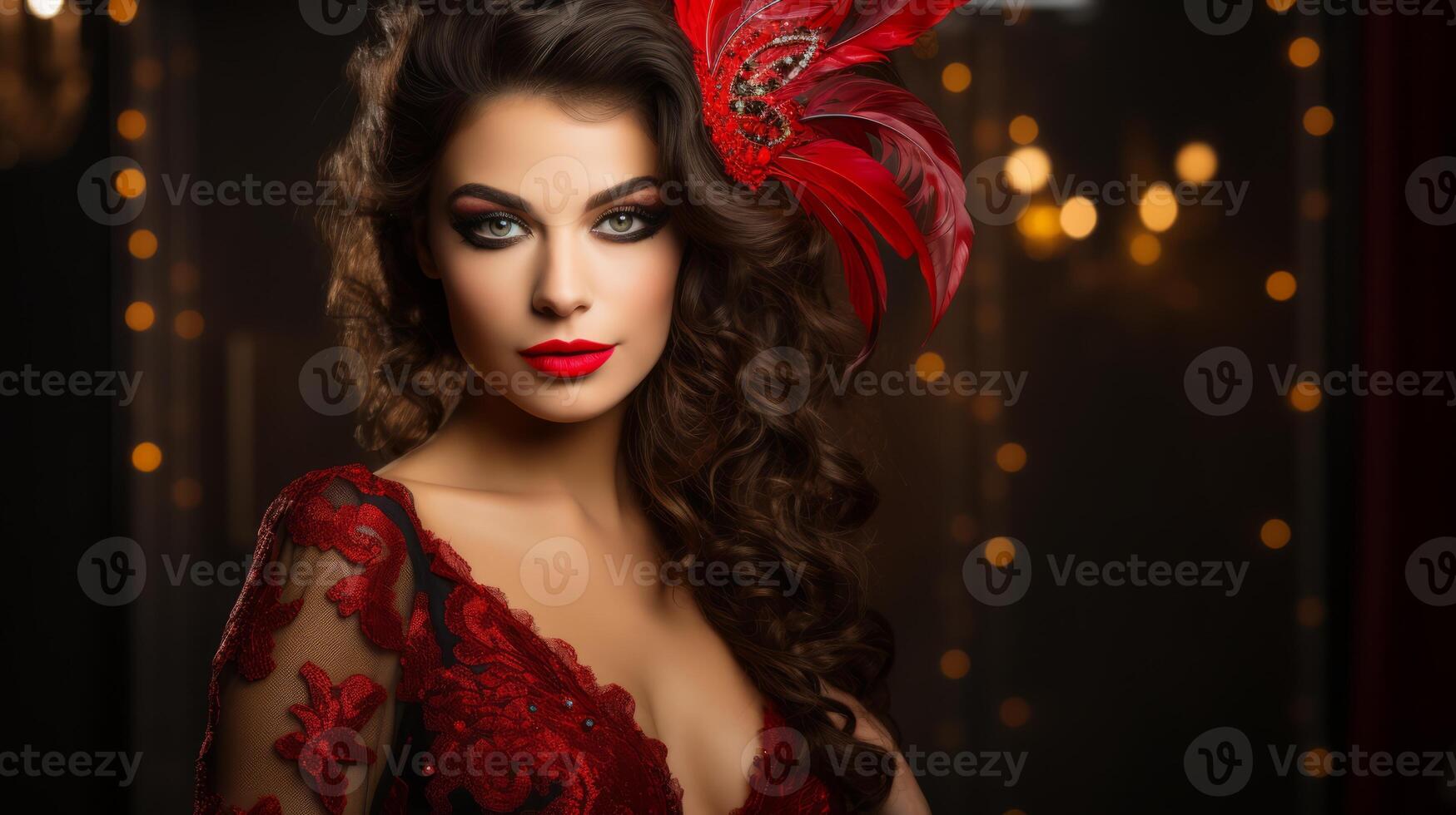 AI generated Glamorous brunette with bright makeup in a masquerade headdress and red sequin dress. Concept for masquerade, holiday, corporate party and nightlife. Ideal for fashion, luxury content photo