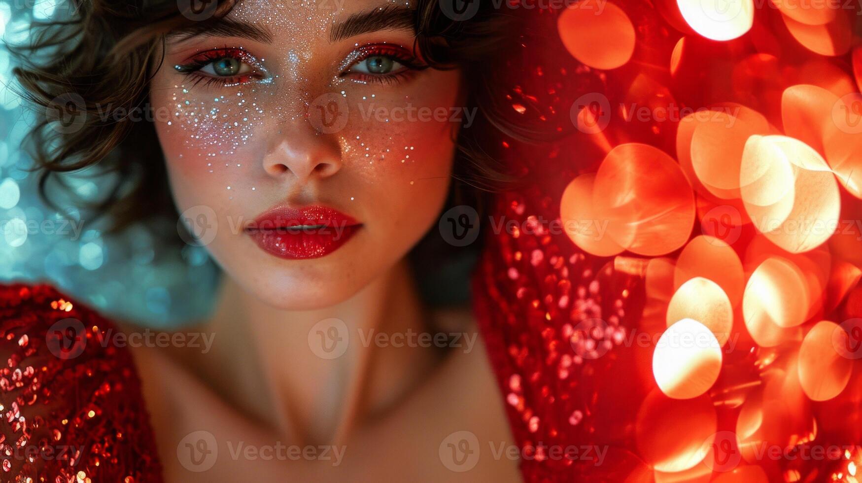 AI generated Close-up of a brunette with glitter makeup and red sparkling dress on bokeh lights background. Concept for masquerade, holiday, corporate party and nightlife. photo