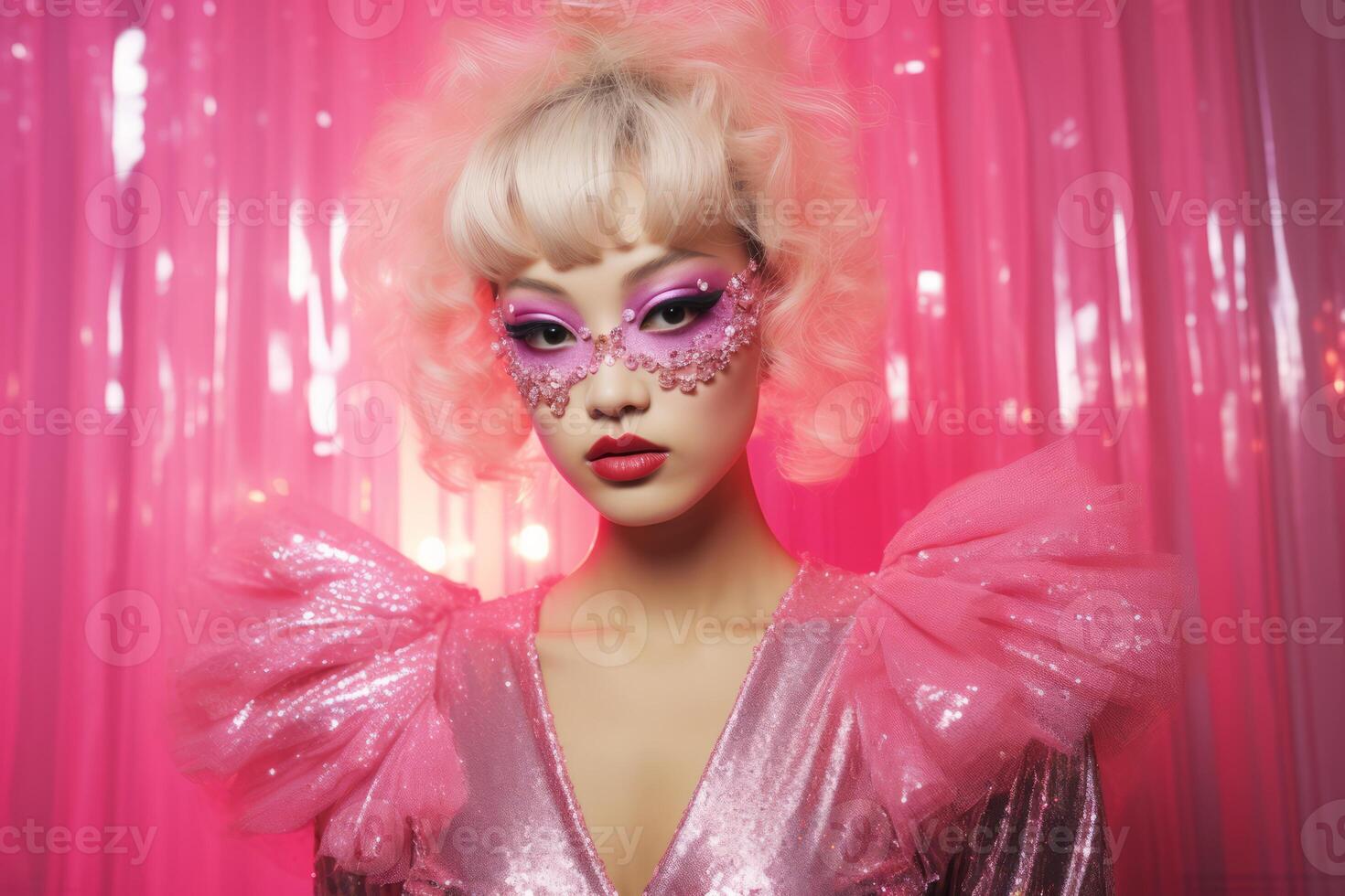 AI generated Asian woman with blonde curls, pink masquerade mask, and sparkling dress against a pink backdrop. Concept for masquerade, holiday and corporate party. Ideal for themed events photo