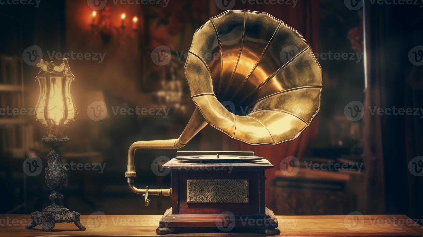 AI generated Vintage gramophone with golden horn on polished surface, illuminated by soft lighting. Can be used in articles, blogs, websites about vintage music players, antique collections photo