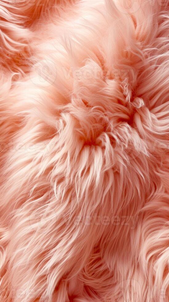 AI generated Peach fur texture. Fashionable color. Dyed animal fur. Concept of Softness, Comfort and Luxury. Can be used as Background, Fashion, Textile, Interior Design. Fluffy backdrop. Vertical. photo