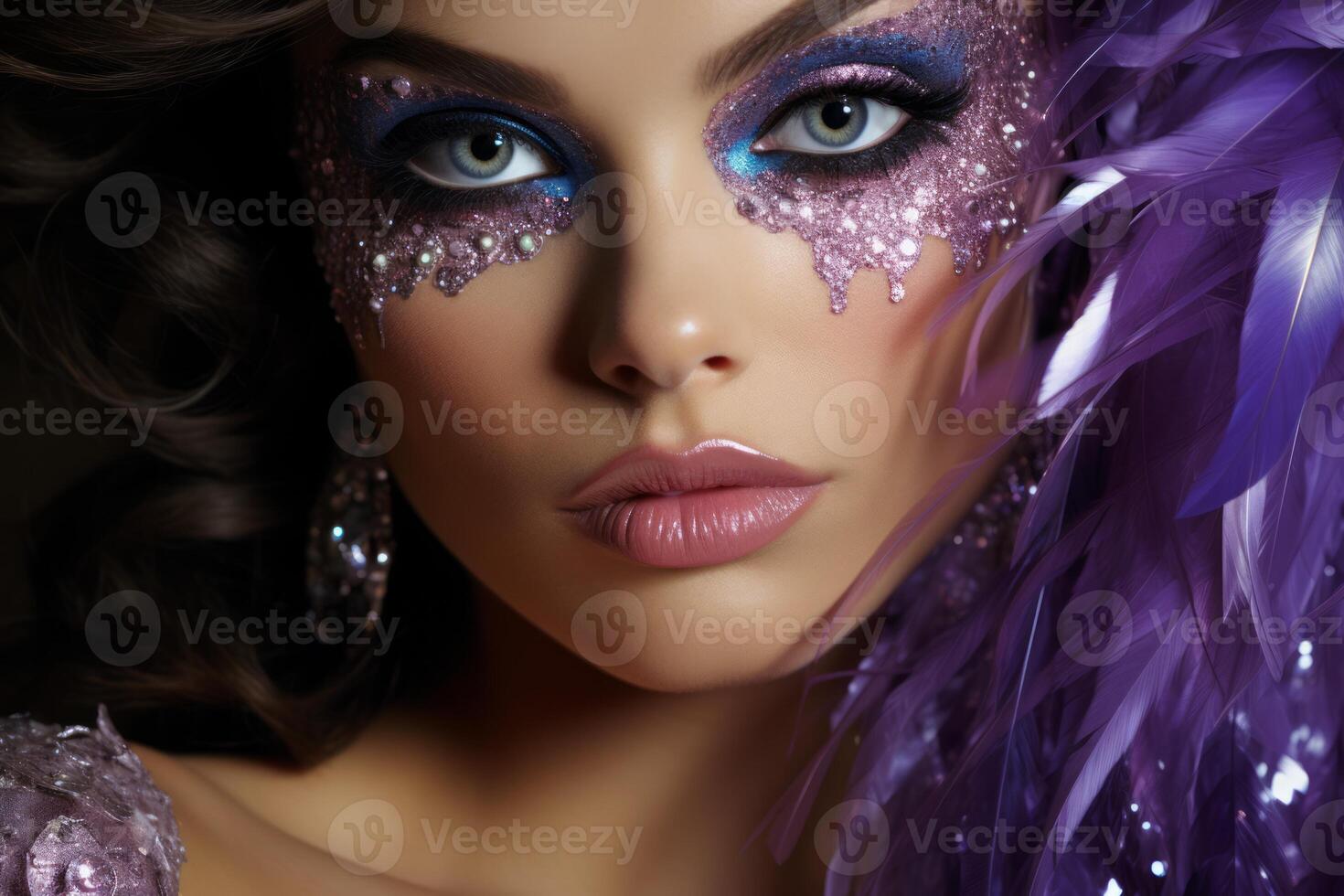 AI generated Young glamorous brunette with bright makeup in a masquerade mask and purple sequin dress on a dark background. Ideal for fashion, event promotions, or luxury content photo