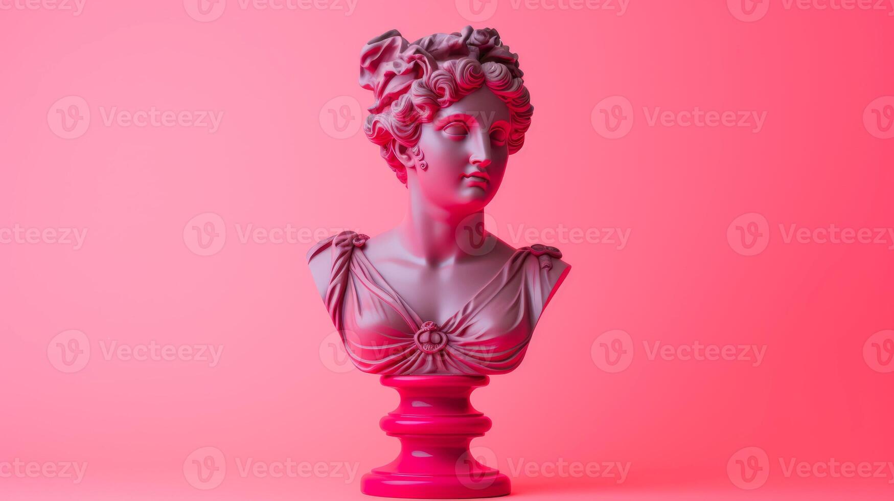 AI generated Antique sculpture of a female bust on a vibrant pink red background, ideal for contemporary art projects photo