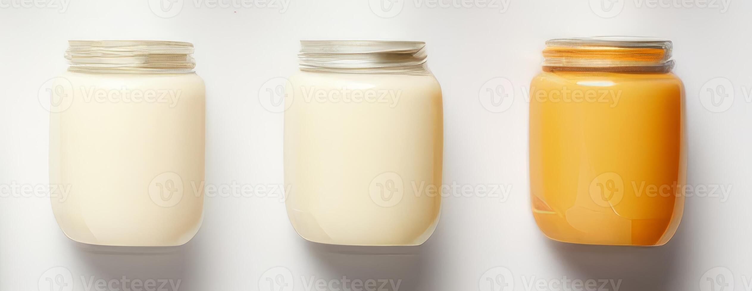 AI generated Three cosmetic glass jars with different colored liquids on a white background, ideal for cosmetic advertisements. Isolated on white background. Mockup. photo