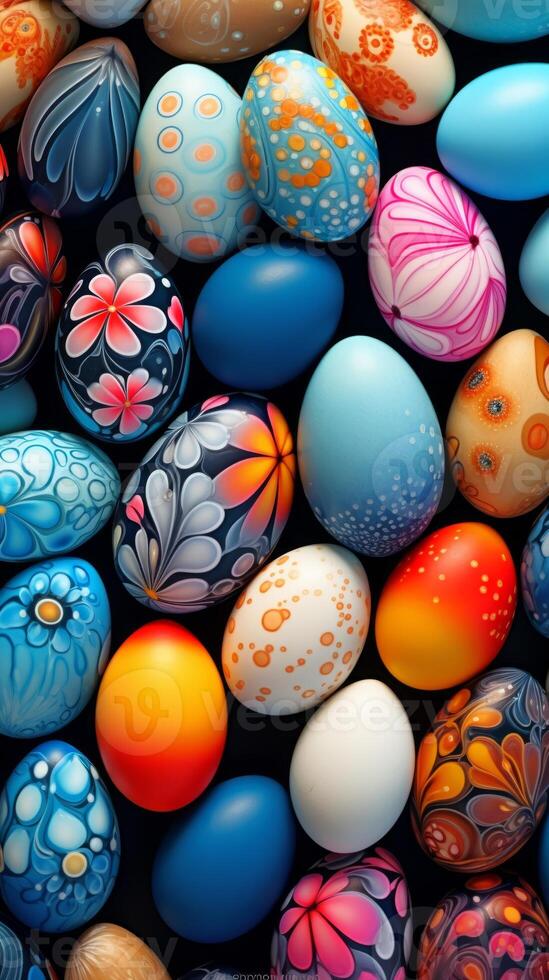 AI generated Various colorful Easter eggs with unique patterns against a dark background. Top view. Copy space. Suitable for Easter celebration content and design projects. Vertical format. photo