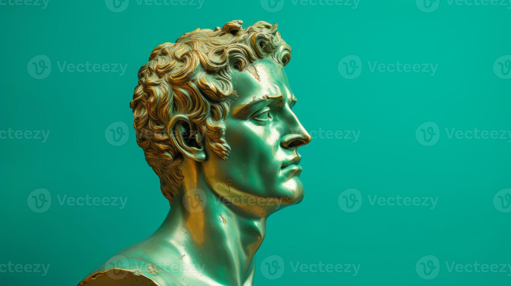 AI generated Gold antique statue of male head on a light emerald green solid background. Ideal for contemporary art projects. Banner with copy space. photo