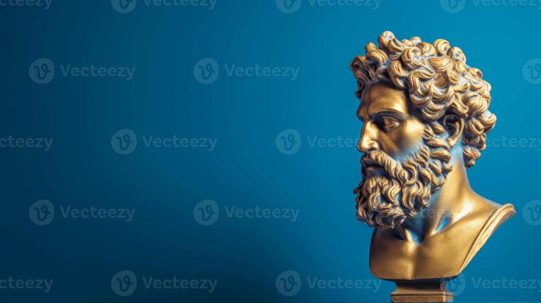 AI generated Gold antique statue of a male head on a blue solid background. Ideal for contemporary art projects. Banner with copy space. photo