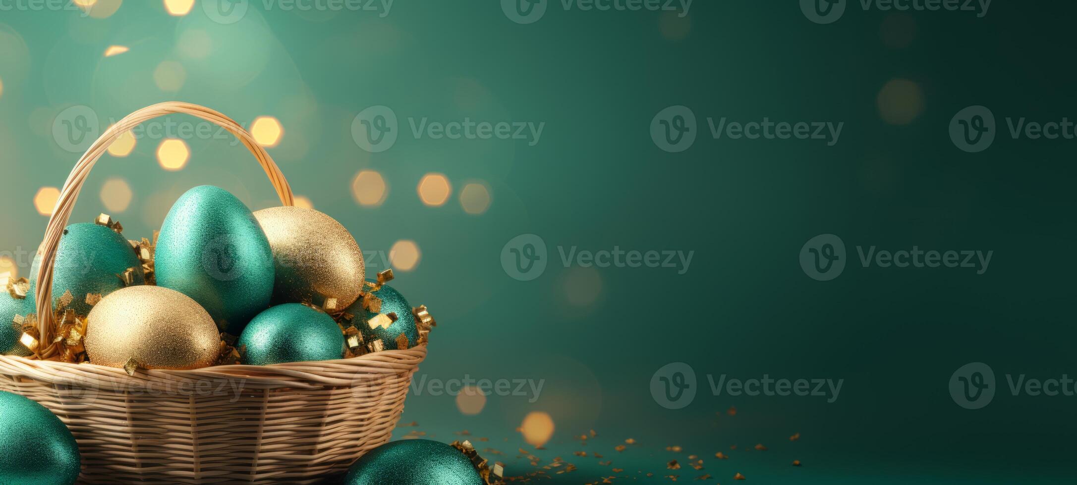 AI generated Gold and emerald Easter eggs in a basket, on rich green background. Banner with copy space. For refined Easter event promotions and high-end springtime decor, symbolizing affluence photo