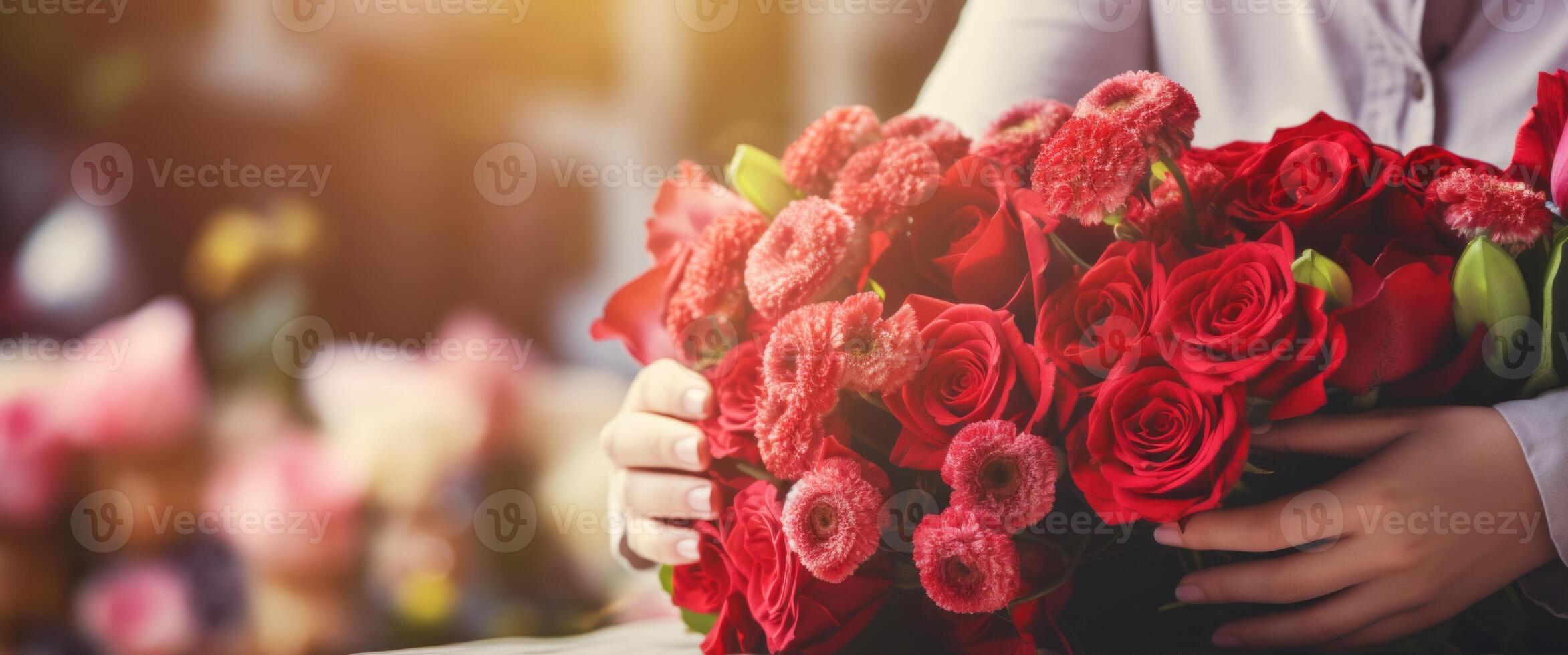 AI generated Female hands make beautiful bouquet of red roses in floral shop. Florist workplace. Banner with copy space. Ideal for Valentines Day promotions, flower shop advertisements, romantic photo