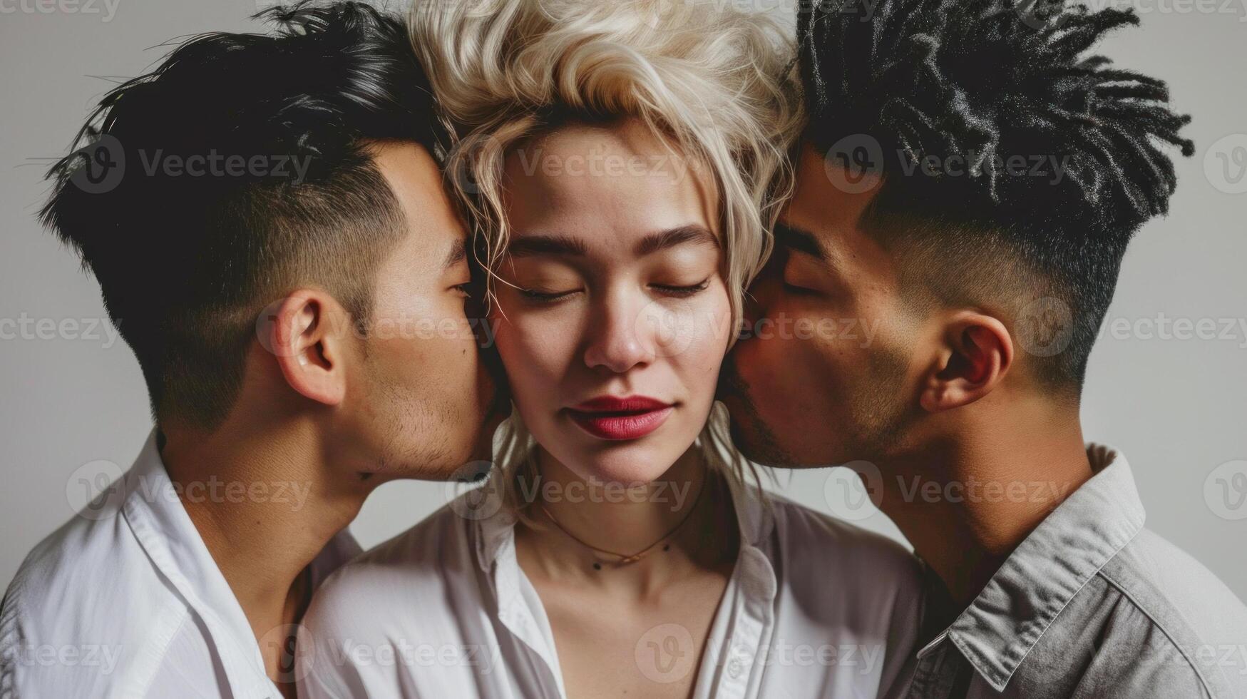 AI generated Blond woman in a white shirt kissed by two men. Trio relationship concept. Intimate moment in romantic trio. Complex relationships and connection. Contemporary love and intimacy. Polygamy photo