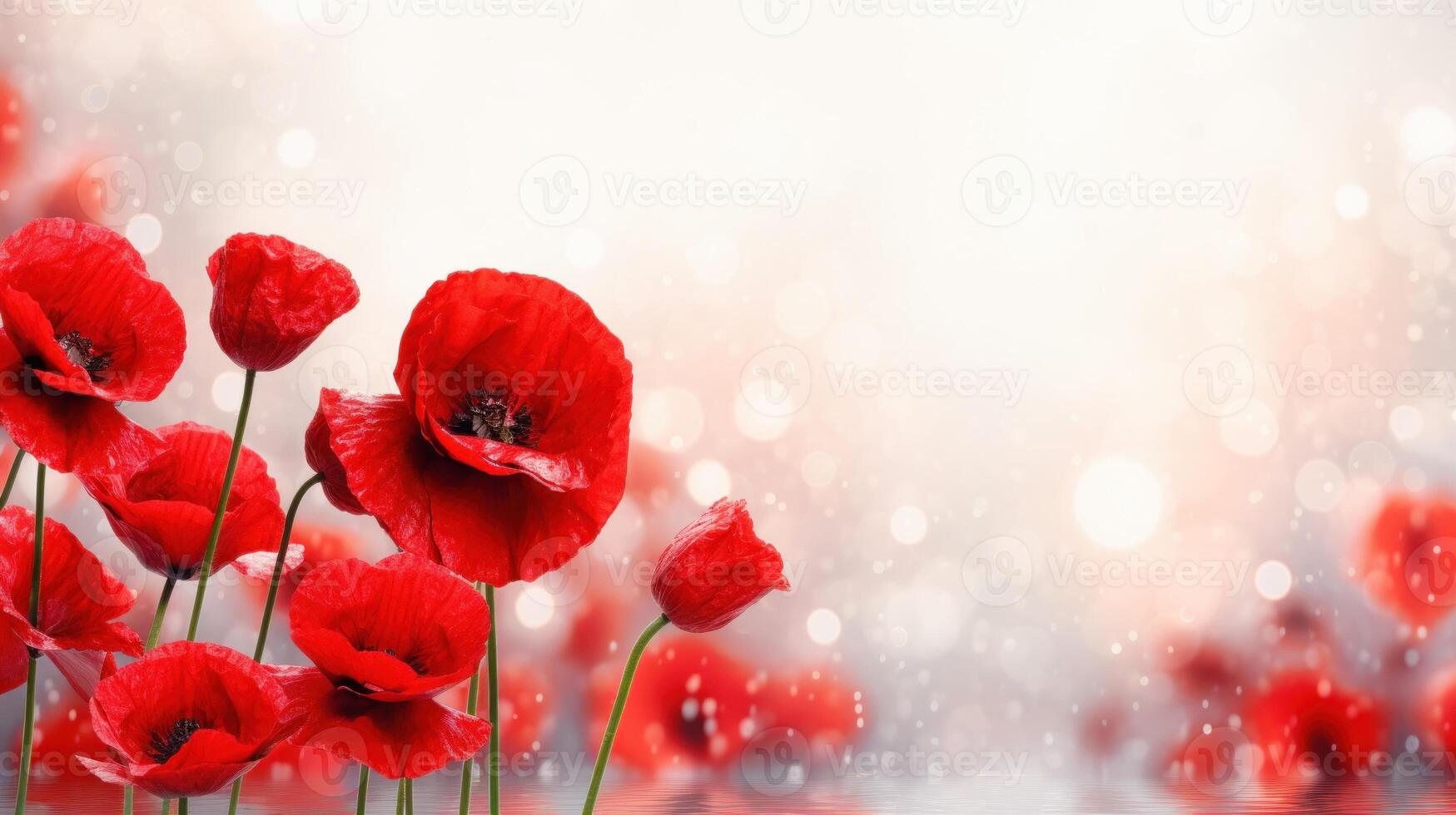 AI generated Red poppies on light background with glitter and bokeh. Banner with copy space. Perfect for poster, banner, greeting card, event invitation, promotion, advertising, print, elegant design. photo