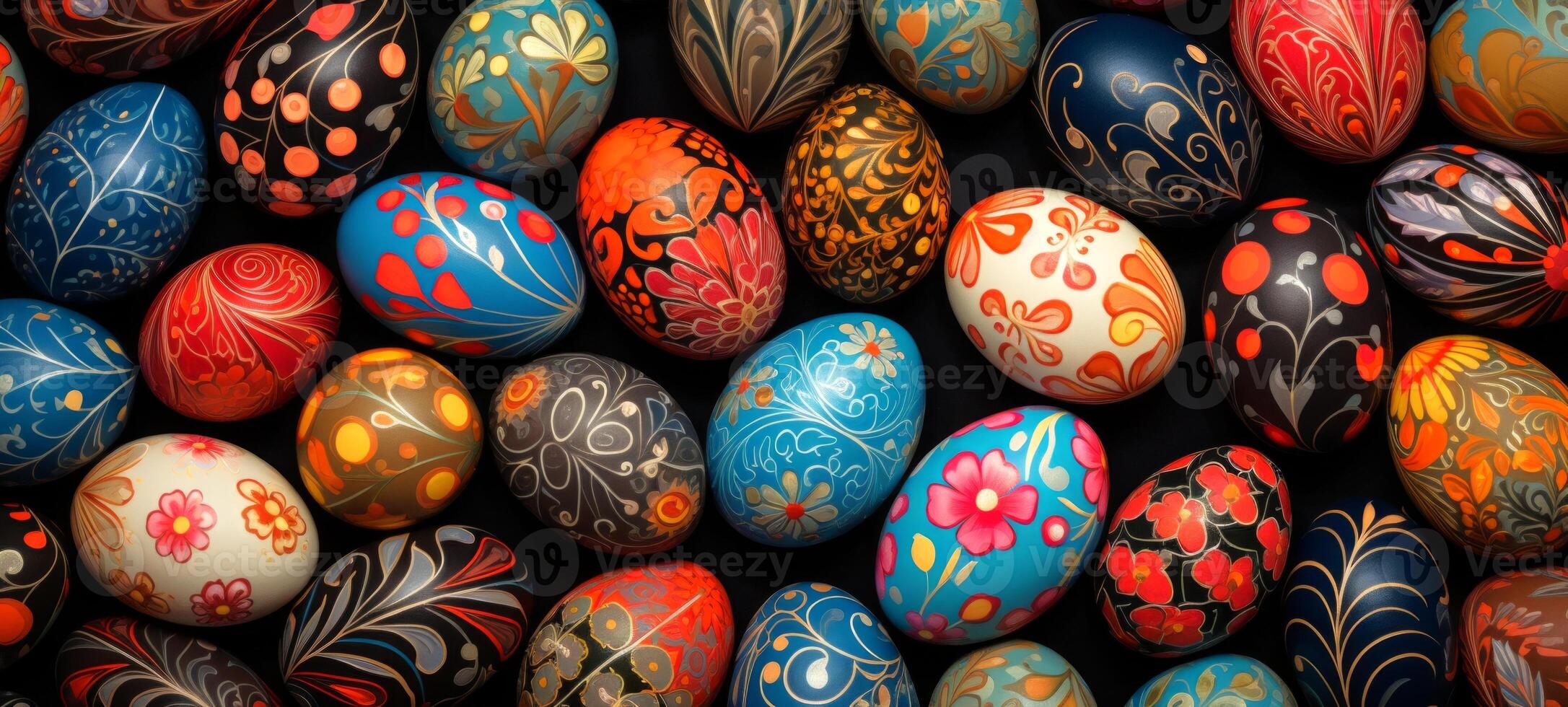 AI generated Easter eggs with floral and abstract patterns displayed against black backdrop. Ideal for festive content, event invitations, promotional material for spring season. Top view. Background photo