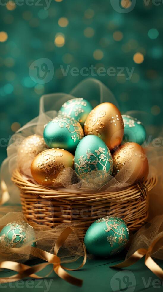 AI generated Basket of ornate teal and gold Easter eggs set against a teal background. With copy space. Ideal for festive decoration themes and Easter holiday concepts. Vertical format. photo