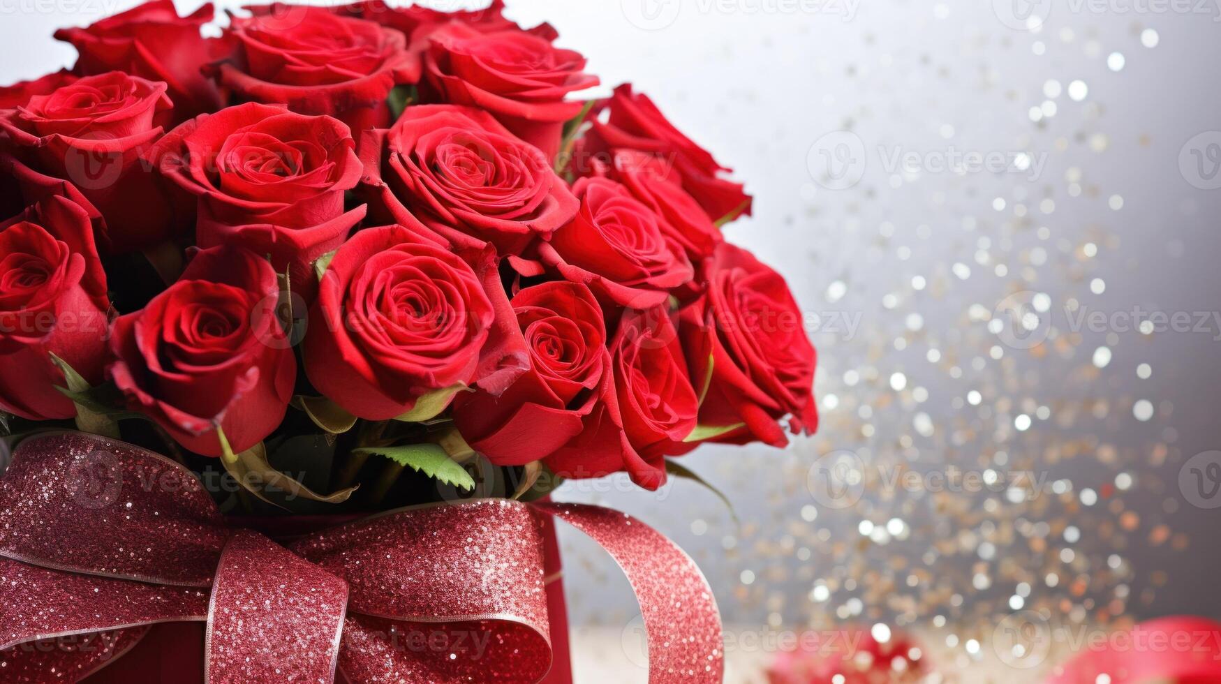 AI generated Red roses bouquet on a light background with glitter and bokeh. Banner with copy space. Perfect for poster, greeting card, event invitation, promotion, advertising, print, elegant design photo