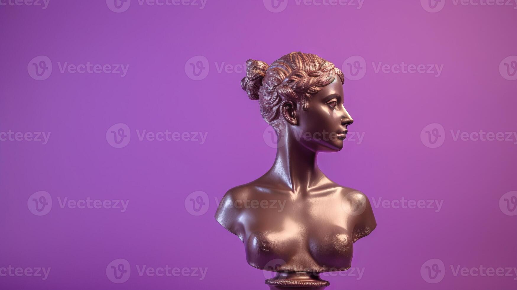 AI generated Antique bronze sculpture of female figure against a vibrant purple backdrop, perfect for cultural and artistic representation. Banner with copy space. photo