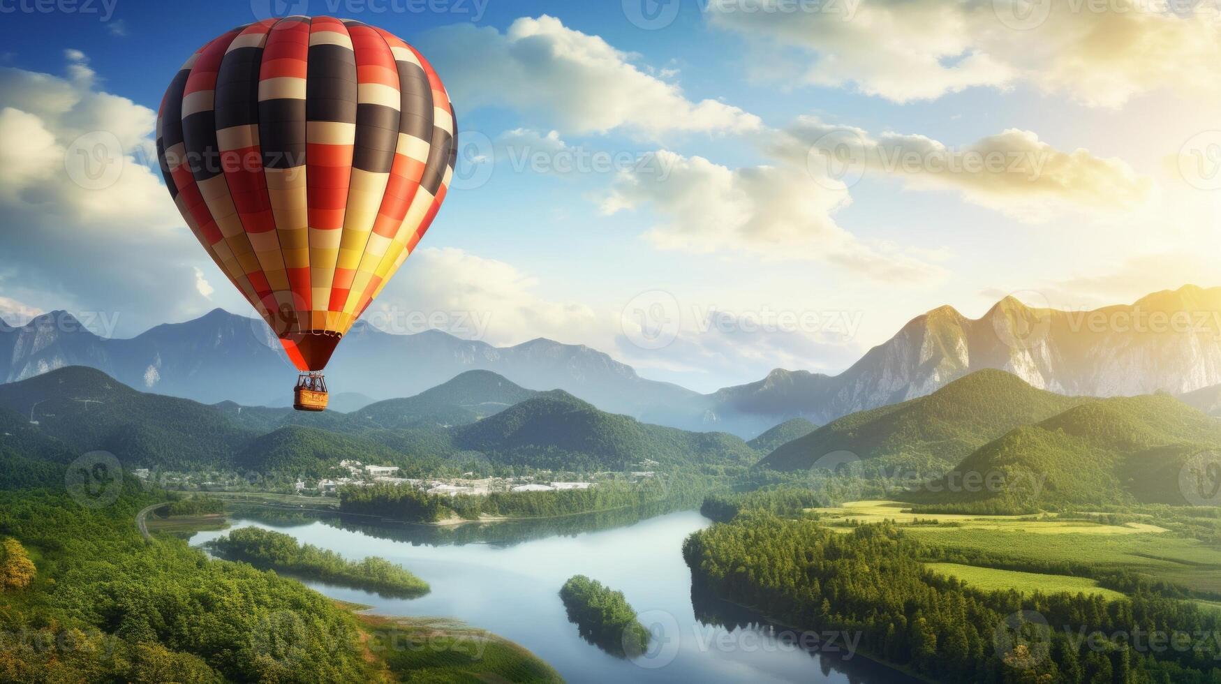 AI generated Multicolored balloon soaring in the sky over mountains. Ideal for nature, adventure, and travel themes. Banner with copy space photo