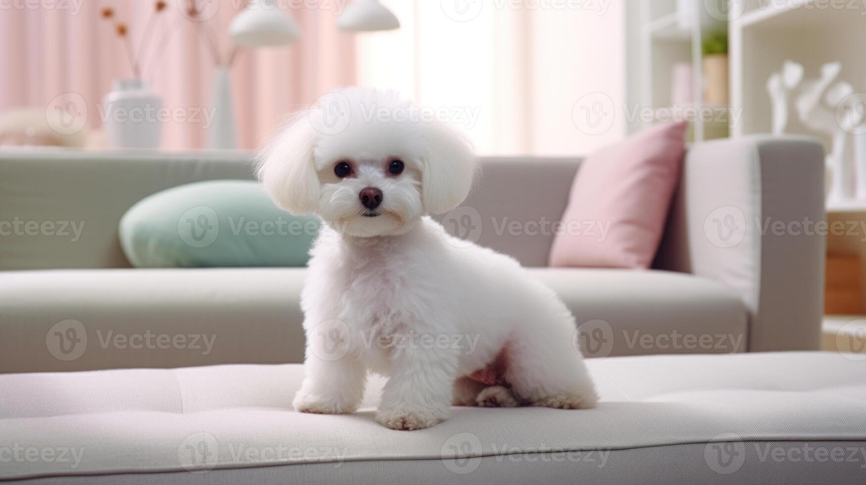 AI generated A small white Bichon Frize dog with a joyful on a sofa, offering a warm, homely vibe. Perfect for pet adoption campaigns or home lifestyle imagery photo
