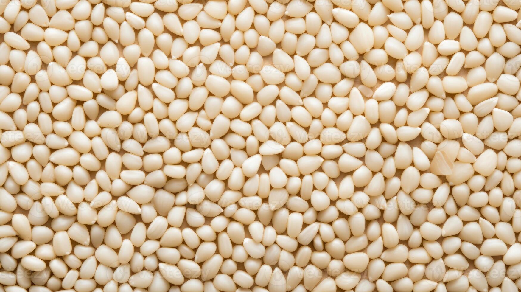 AI generated Top view of White sesame seeds. Background texture of raw White sesame seeds. Superfood. Copy space. Banner. Perfect for culinary and food concepts photo