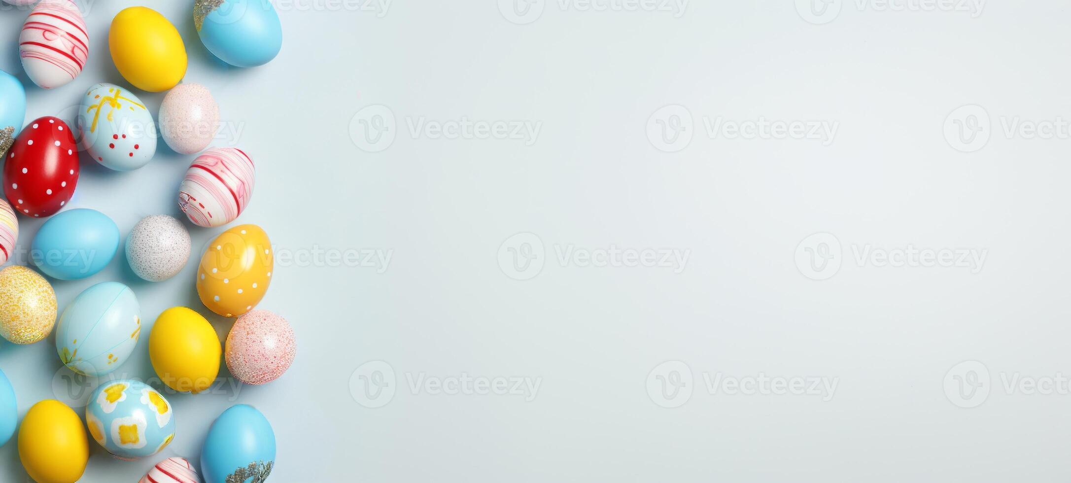 AI generated Assortment of colorful hand-painted Easter eggs on a white background. Perfect for use in seasonal promotions, festive Easter content, and holiday invitations. Top view. Banner photo