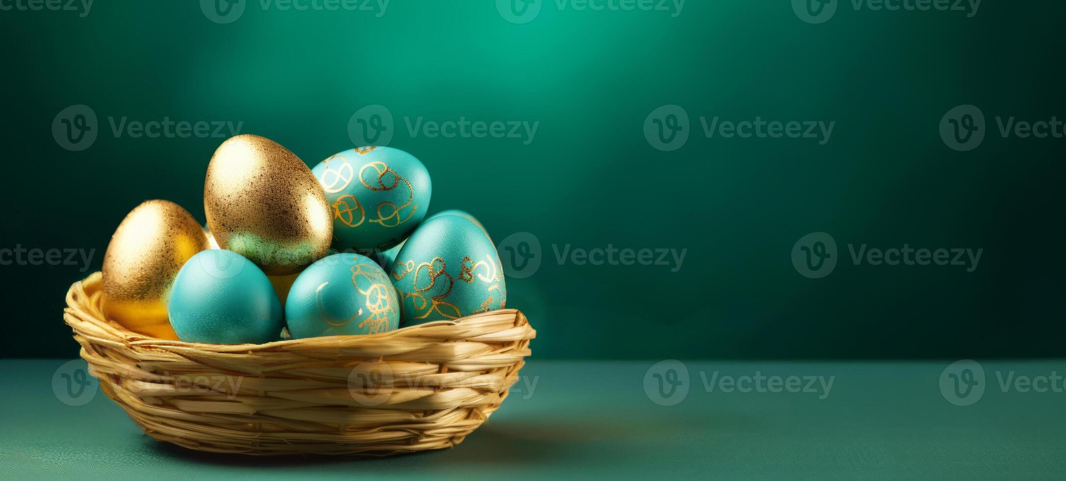 AI generated Gold and Teal Easter eggs in basket, set before rich green background. Banner with copy space. For refined Easter event promotions and high-end springtime decor, symbolizing affluence photo