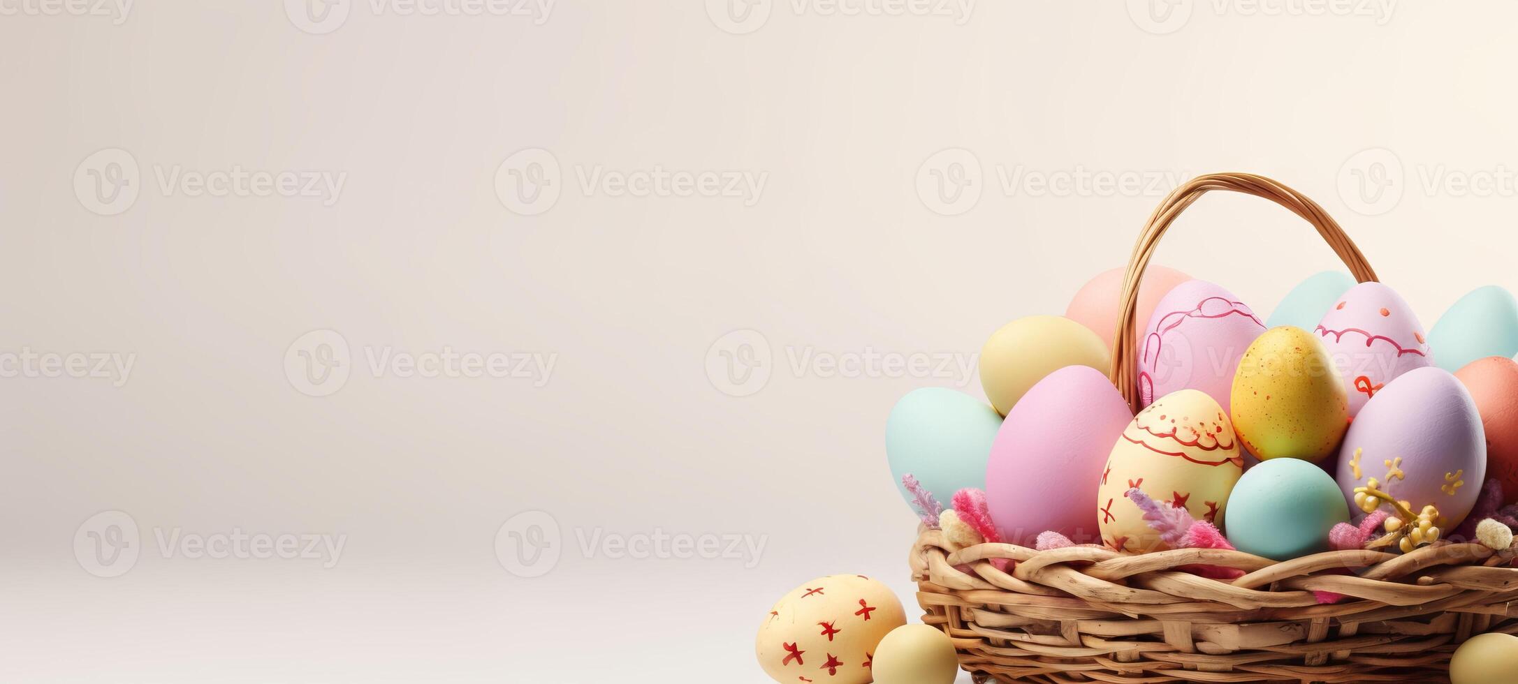 AI generated Colorful Easter eggs with intricate designs in rustic basket on white background. Banner with copy space. Suitable for spring holiday marketing and festive decoration visuals. photo