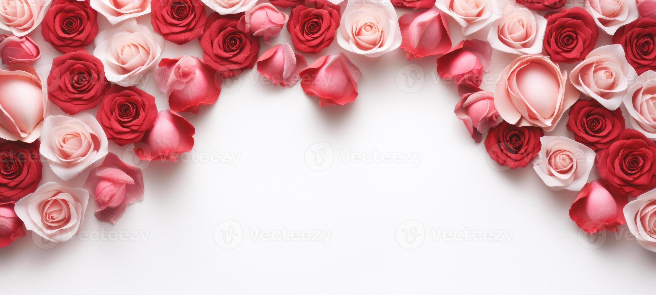 AI generated A border of red and pink roses on a white background, with scattered petals. Banner with Copy space. Ideal for Valentines Day, anniversaries, or romantic occasions photo