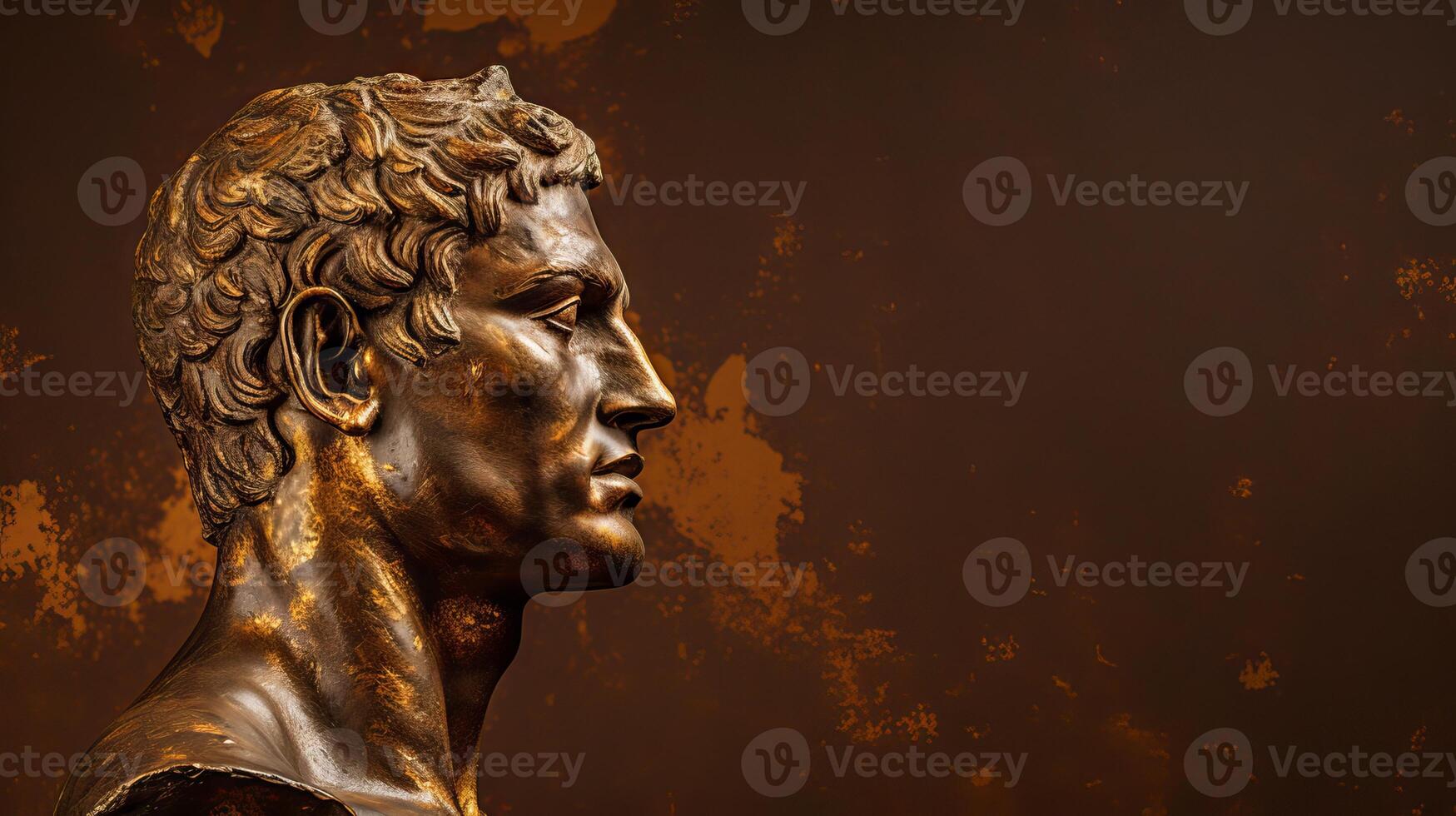 AI generated Bronze antique statue of male head on a dark brown textured background. Ideal for contemporary art projects. Banner with copy space. photo