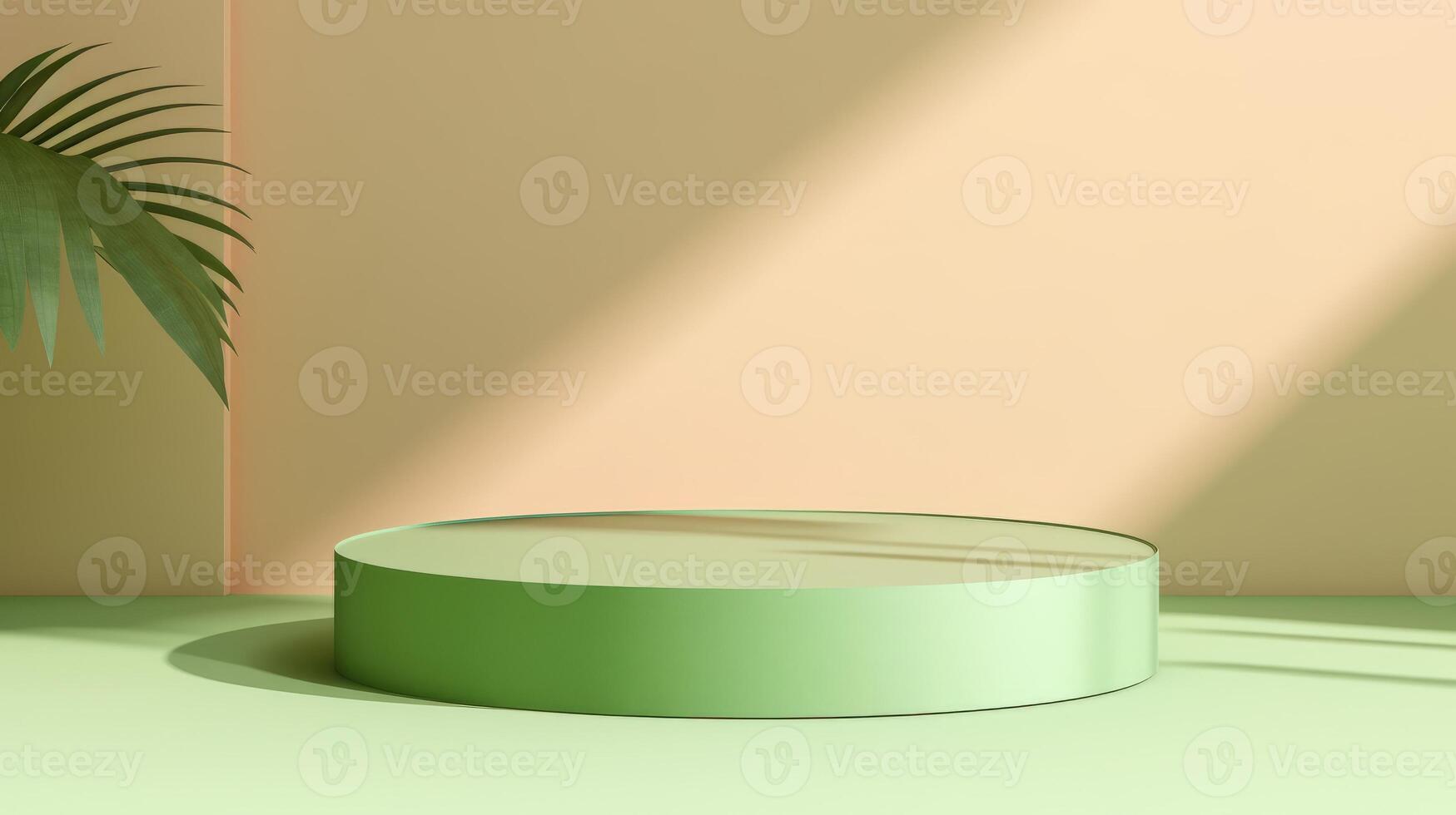 AI generated Podium for product presentation with green leaves. Empty illuminated with light green lights platform with modern design. Stage for showcase. Mockup. With copy space. photo
