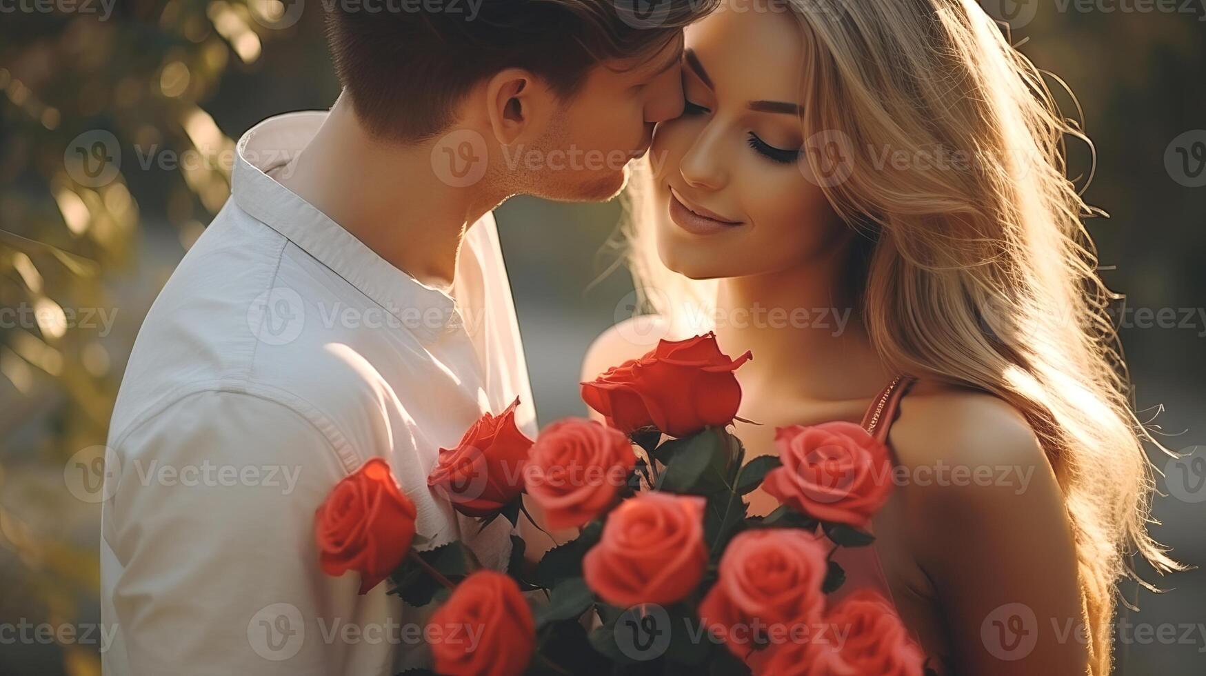 AI generated Man in love gives a happy woman a bouquet of red roses. Romantic couple on a date. On a blurred background. Ideal for love, relationships, and Valentines celebrations. photo