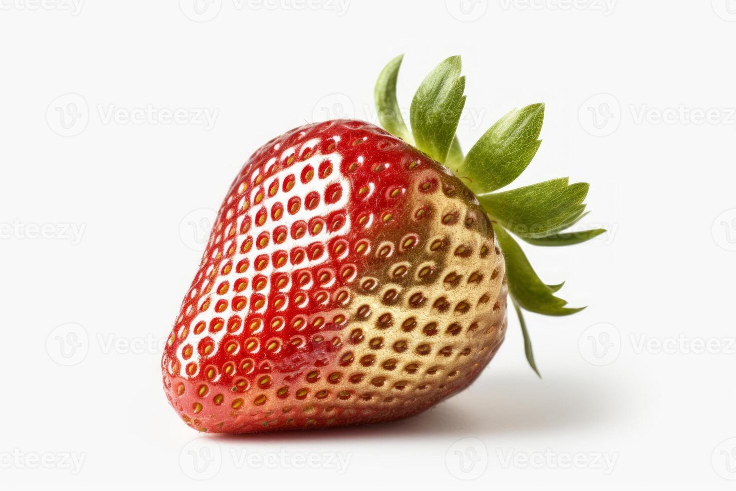 AI generated Gold-toned strawberry with vivid red details on a white background, ideal for unique culinary presentations or design elements in food styling photo