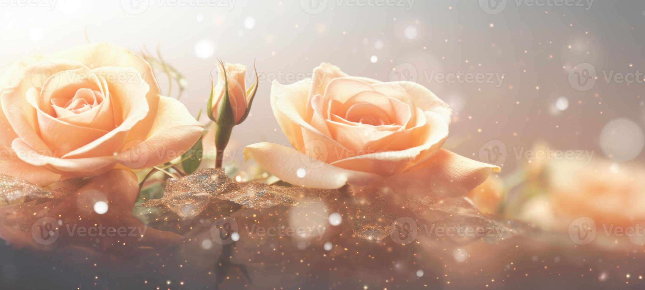 AI generated Peach roses bouquet on light background with glitter and bokeh. Banner with copy space. Ideal for poster, greeting card, event invitation, promotion, advertising, print, elegant design. photo