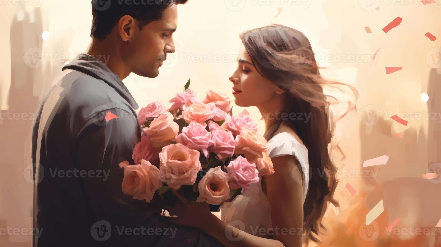 AI generated Oil painting illustration. Young man in love gives a woman a bouquet of flowers. Happy couple. Romantic moment. Ideal for love, relationships, and Valentines celebrations. photo