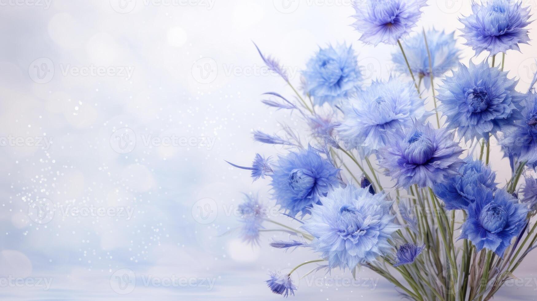 AI generated Blue cornflowers in full bloom on light background with glitter and bokeh. Banner with copy space. Perfect for poster, greeting card, event invitation, promotion, advertising, print photo