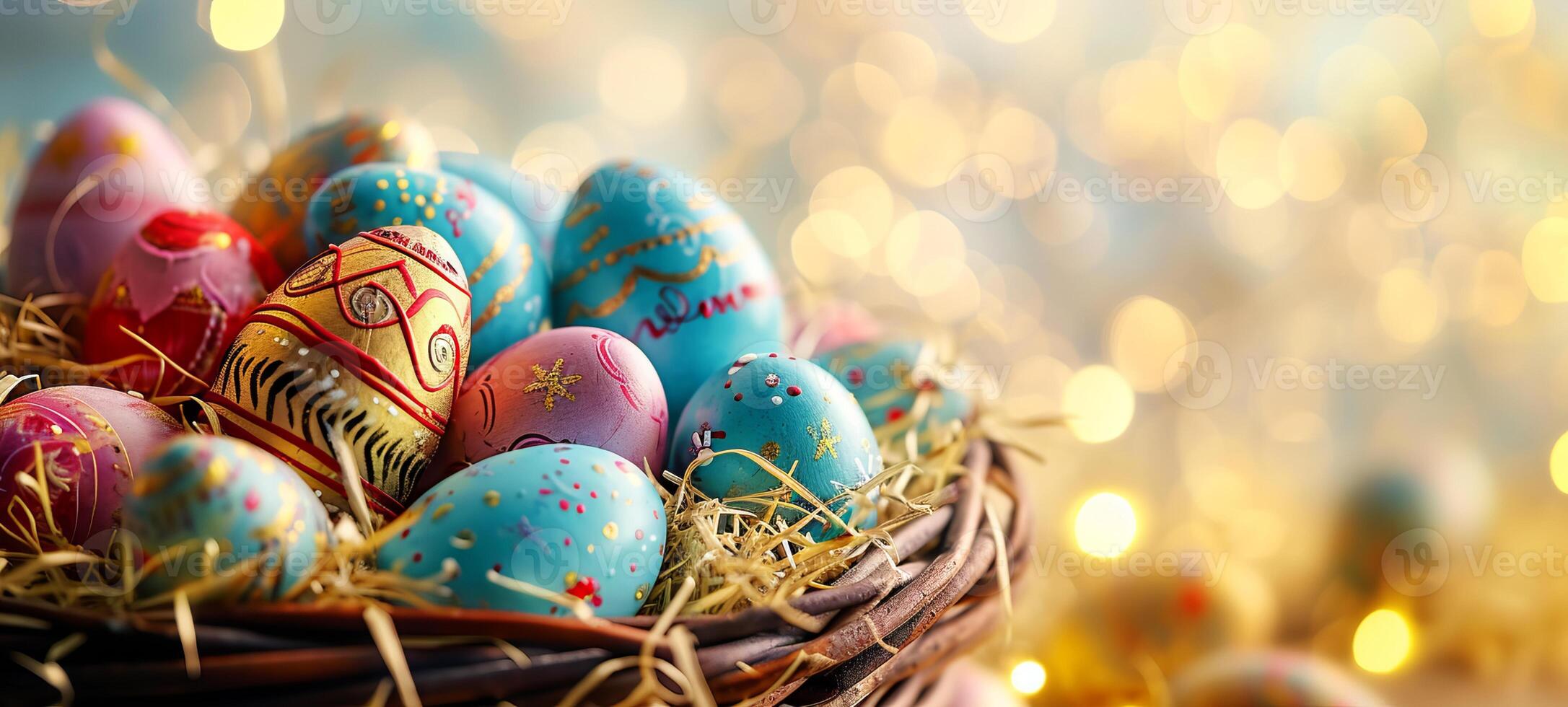 AI generated A wicker basket filled with richly decorated Easter eggs against a bokeh light background. Banner with copy space. Ideal for festive advertisements and seasonal event decorations. Easter photo