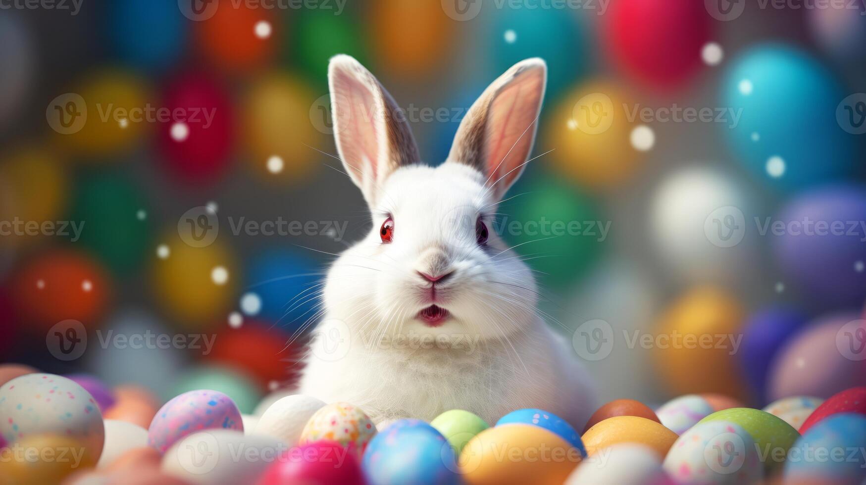 AI generated White rabbit with a surprised expression among colorful Easter eggs. Ideal for holiday-themed promotions and spring event decorations. Easter bunny. photo