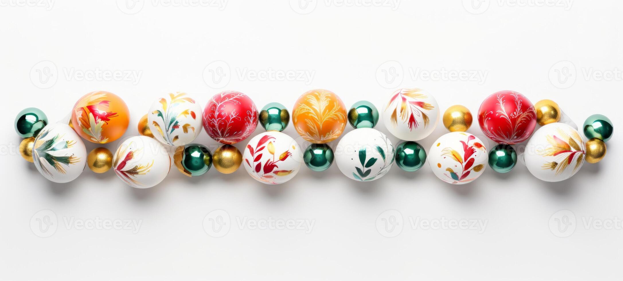 AI generated Variety of hand-painted Easter eggs, decorated with intricate patterns and vivid colors. On white background. With copy space. Ideal for seasonal advertising and craft blogs photo