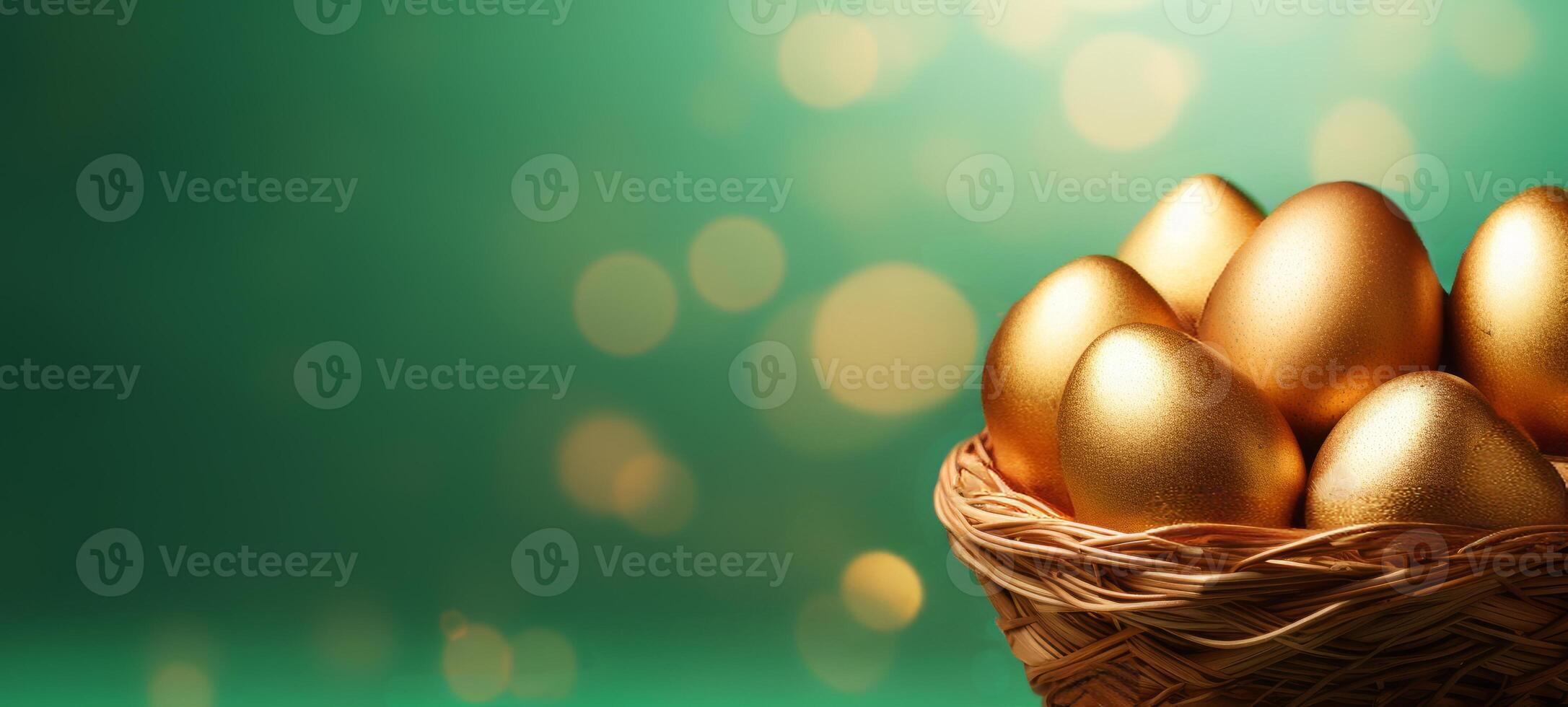 AI generated Golden Easter eggs in wicker basket against dark green background. Banner with copy space. Perfect for elegant Easter themes and upscale holiday marketing, highlighting luxury photo